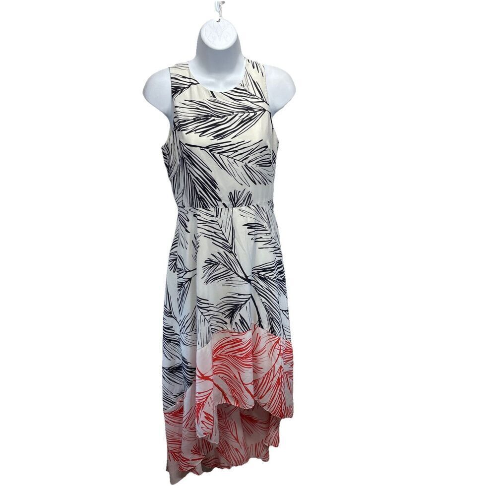 Vince Camuto High Low Dress Size 4 Navy Coral Tropical Shell Palm Print Resort